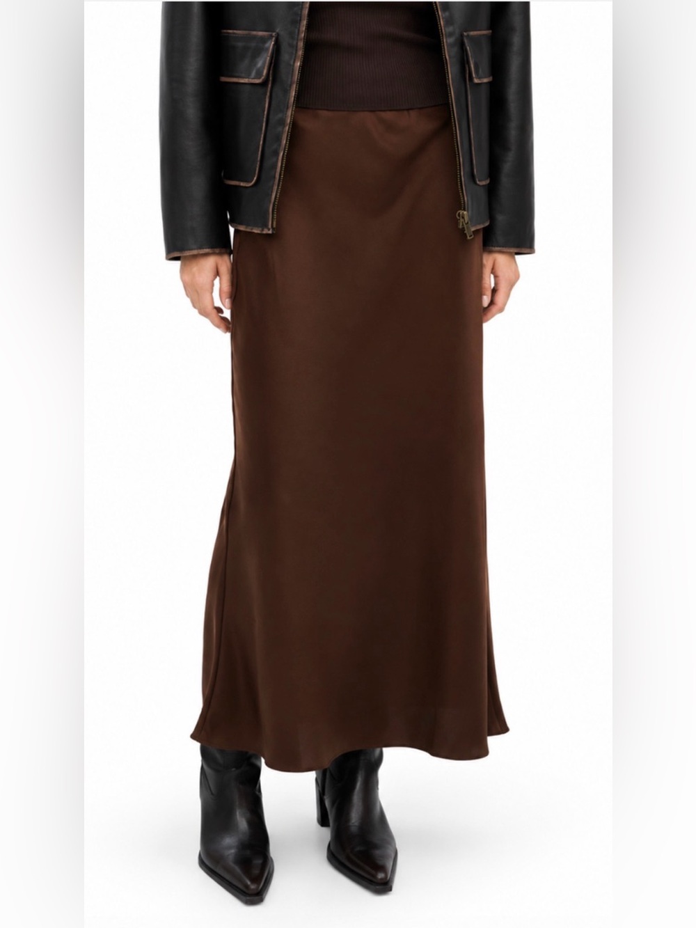NWT MANGO MNG CHOCOLATE BROWN MIA2 MIDI SATIN SKIRT SZ M